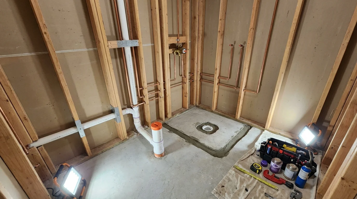 Bathroom rough-in plumbing during remodel by Johns Plumbing LLC in Friedensburg