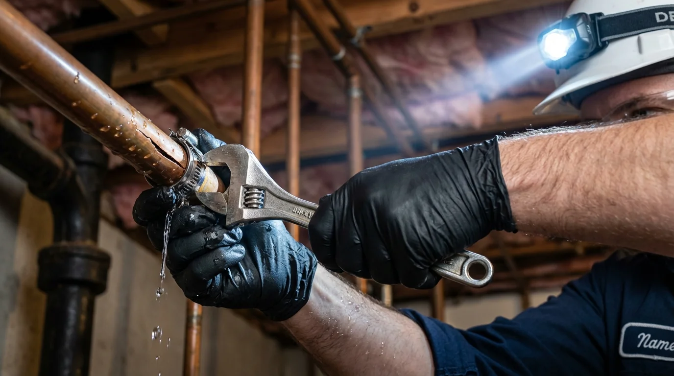 Emergency pipe clamp repair being performed by a Johns Plumbing LLC plumber in Friedensburg