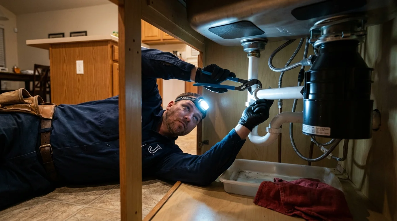 P-trap and supply line connections under a kitchen sink showing a common leak point in Friedensburg, PA
